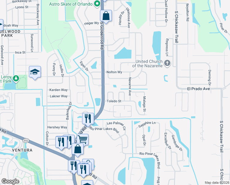 map of restaurants, bars, coffee shops, grocery stores, and more near 1007 Maya Avenue in Orlando