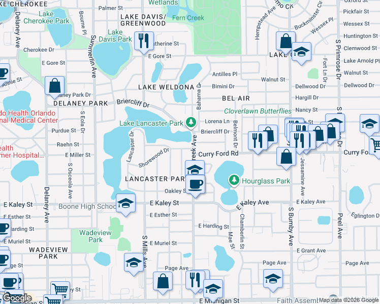 map of restaurants, bars, coffee shops, grocery stores, and more near 1516 Lancaster Drive in Orlando