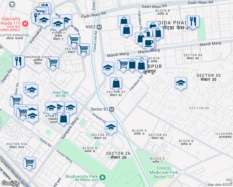 map of restaurants, bars, coffee shops, grocery stores, and more near Noida-Greater Noida Expressway in Noida
