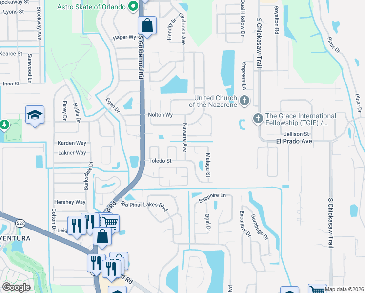 map of restaurants, bars, coffee shops, grocery stores, and more near 1610 Navarre Avenue in Orlando