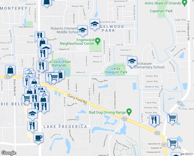 map of restaurants, bars, coffee shops, grocery stores, and more near 1623 Little River Drive in Orlando