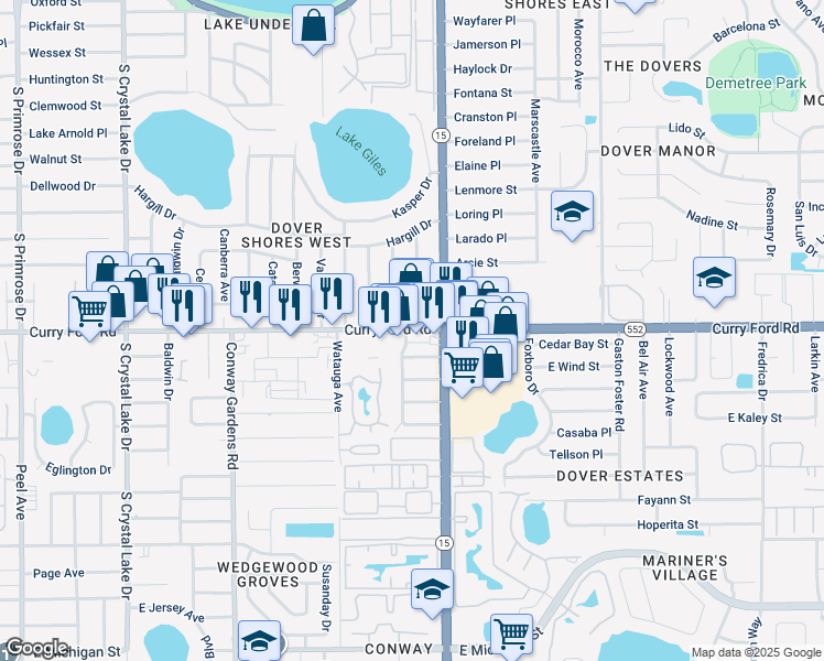 map of restaurants, bars, coffee shops, grocery stores, and more near 4150 Curry Ford Road in Orlando