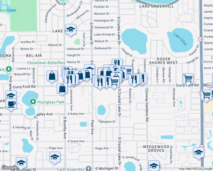 map of restaurants, bars, coffee shops, grocery stores, and more near 3030 Curry Ford Road in Orlando