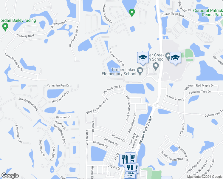 map of restaurants, bars, coffee shops, grocery stores, and more near 13654 Podocarpus Lane in Orlando