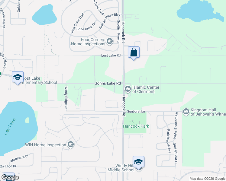 map of restaurants, bars, coffee shops, grocery stores, and more near 14916 Johns Lake Road in Clermont