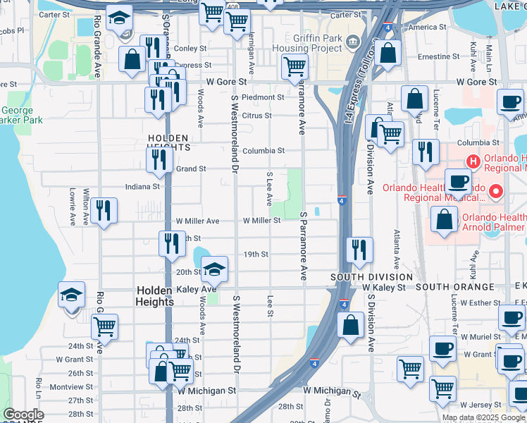 map of restaurants, bars, coffee shops, grocery stores, and more near 1517 Nieuport Lane in Orlando