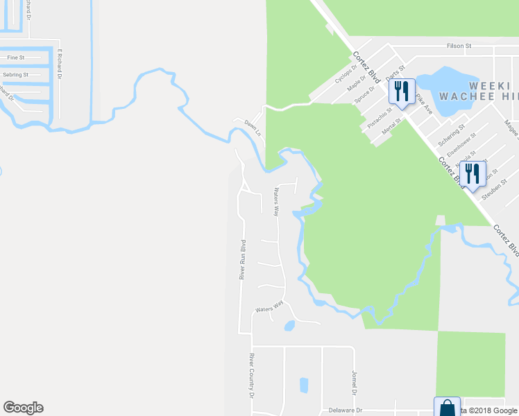 map of restaurants, bars, coffee shops, grocery stores, and more near 6411 River Lodge Lane in Weeki Wachee