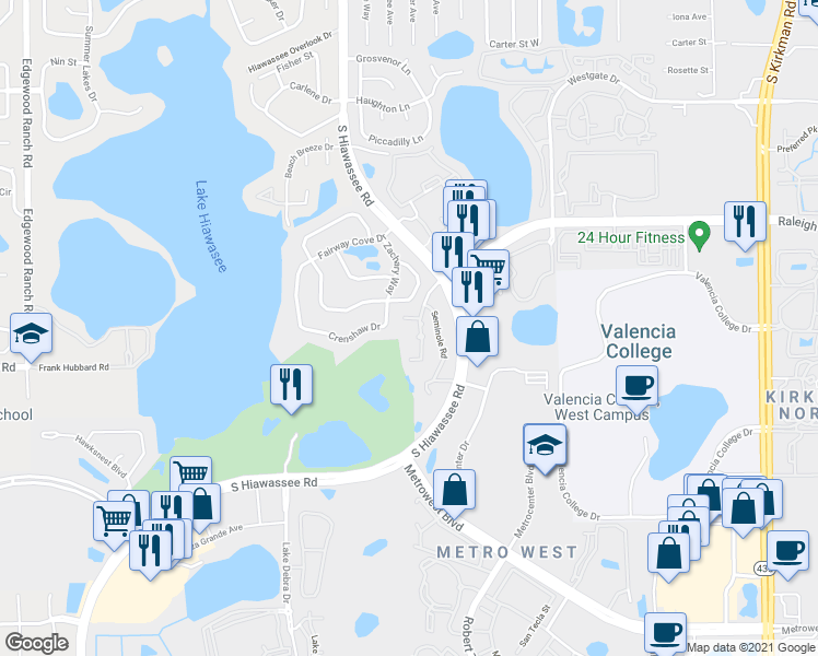 map of restaurants, bars, coffee shops, grocery stores, and more near 1212 South Hiawassee Road in Orlando