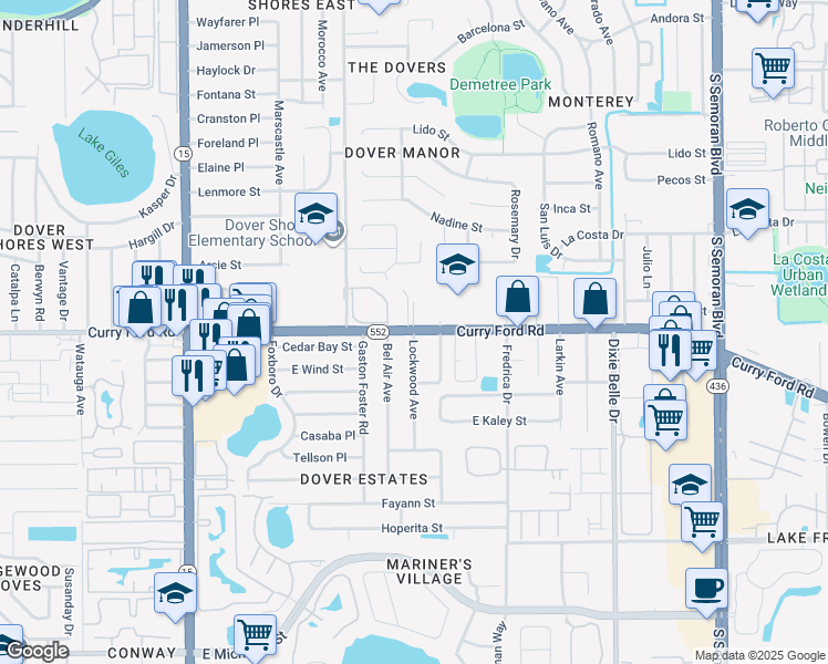 map of restaurants, bars, coffee shops, grocery stores, and more near 5130 Curry Ford Road in Orlando