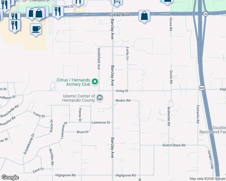 map of restaurants, bars, coffee shops, grocery stores, and more near 14201 Irving Street in Spring Hill
