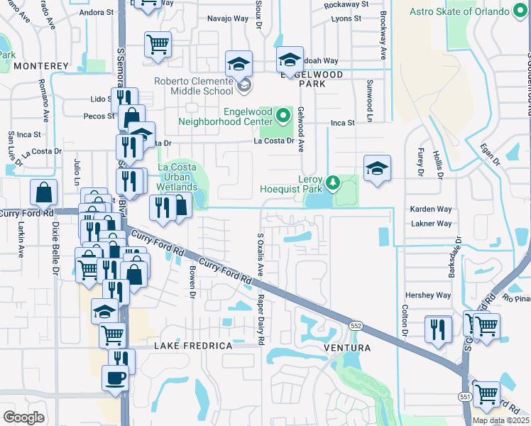 map of restaurants, bars, coffee shops, grocery stores, and more near 1623 Little River Drive in Orlando