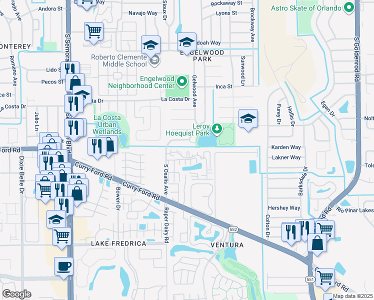 map of restaurants, bars, coffee shops, grocery stores, and more near 1619 Sandy Point Square in Orlando