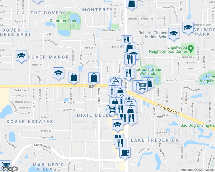 map of restaurants, bars, coffee shops, grocery stores, and more near 5576 Curry Ford Road in Orlando