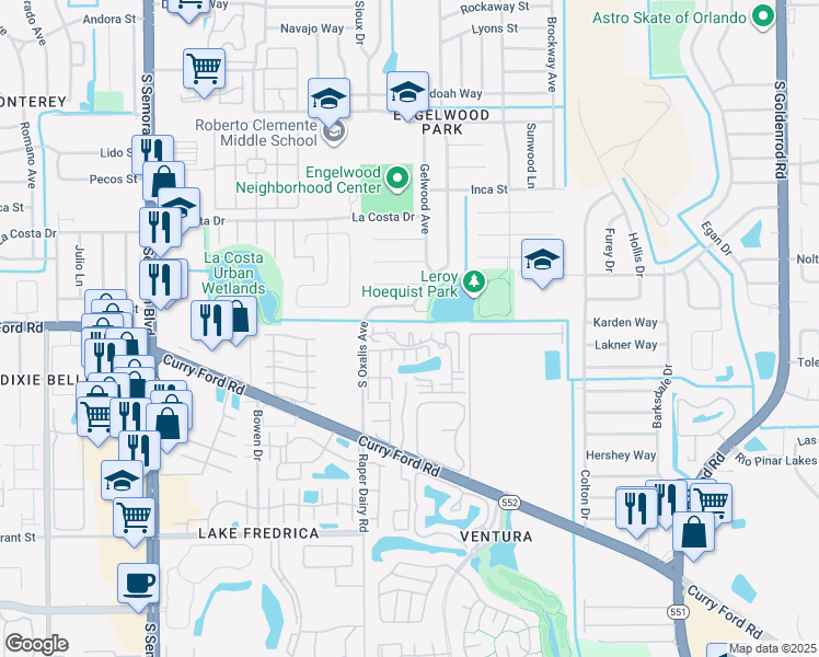 map of restaurants, bars, coffee shops, grocery stores, and more near 1619 Sandy Point Square in Orlando
