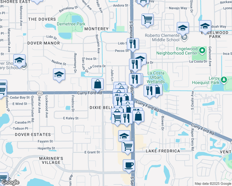 map of restaurants, bars, coffee shops, grocery stores, and more near in Orlando