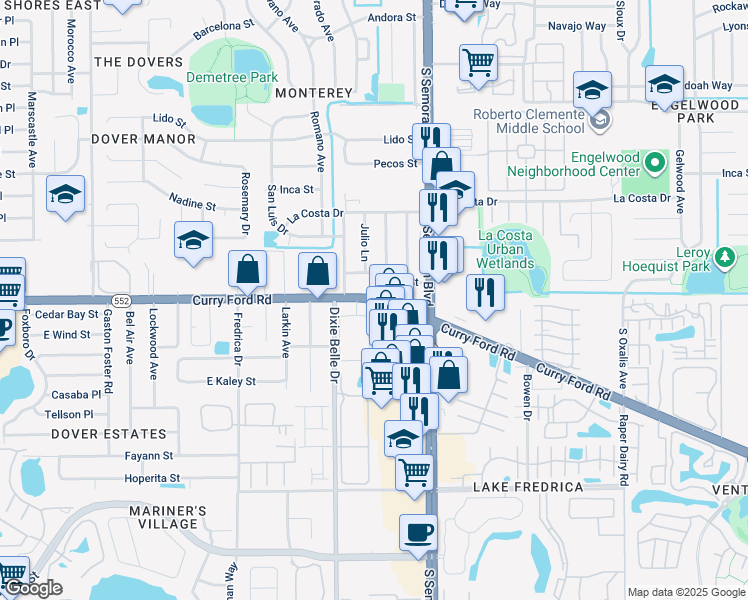 map of restaurants, bars, coffee shops, grocery stores, and more near 5576 Curry Ford Road in Orlando