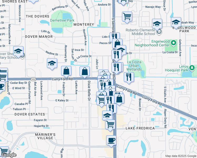 map of restaurants, bars, coffee shops, grocery stores, and more near 5576 Curry Ford Road in Orlando