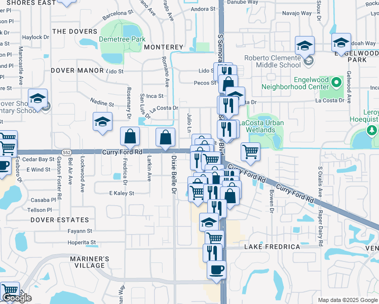 map of restaurants, bars, coffee shops, grocery stores, and more near 5576 Curry Ford Road in Orlando