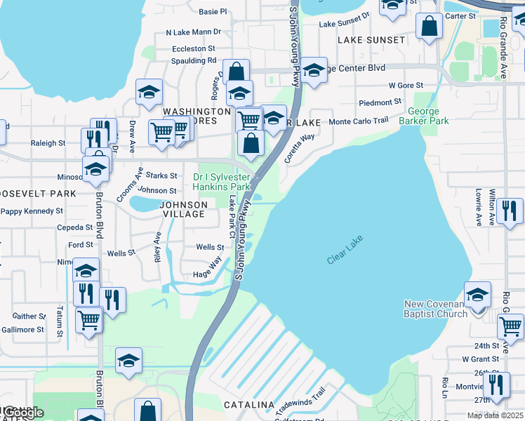 map of restaurants, bars, coffee shops, grocery stores, and more near 1507 South John Young Parkway in Orlando