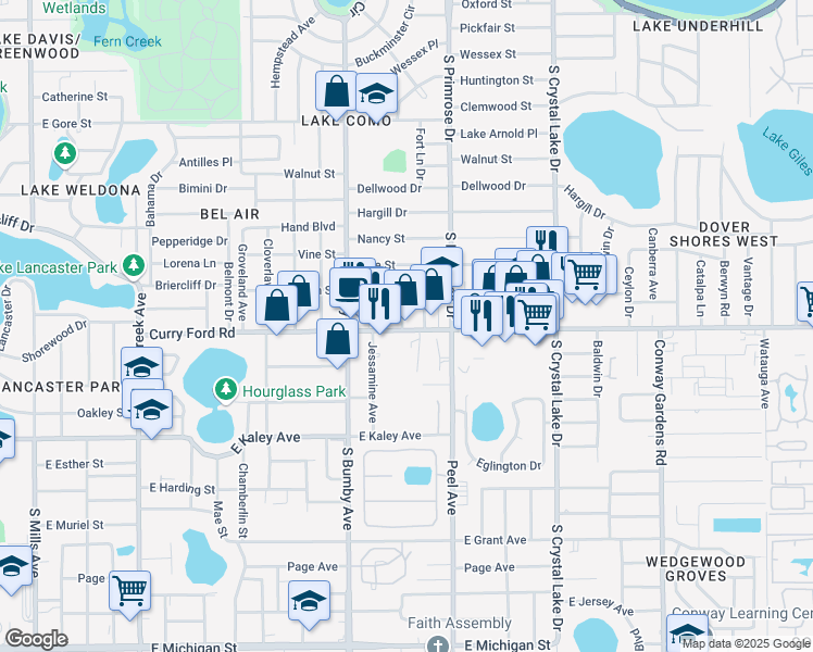 map of restaurants, bars, coffee shops, grocery stores, and more near 2603 Curry Ford Road in Orlando