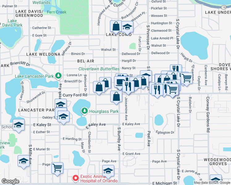 map of restaurants, bars, coffee shops, grocery stores, and more near 2300 Curry Ford Road in Orlando
