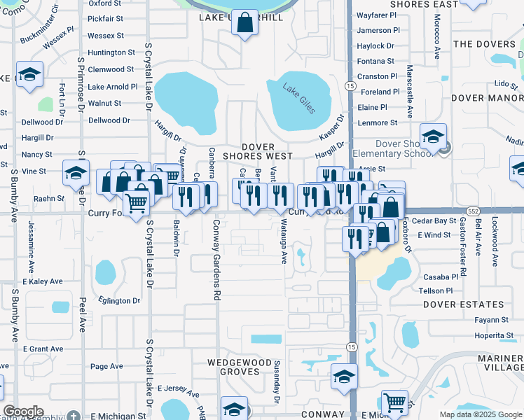 map of restaurants, bars, coffee shops, grocery stores, and more near State Highway 552 in Orlando