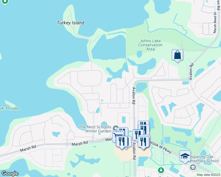 map of restaurants, bars, coffee shops, grocery stores, and more near Citrus Grove Loop in Winter Garden