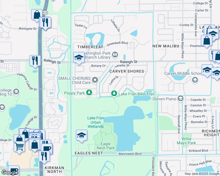map of restaurants, bars, coffee shops, grocery stores, and more near 5272 Letha Street in Orlando