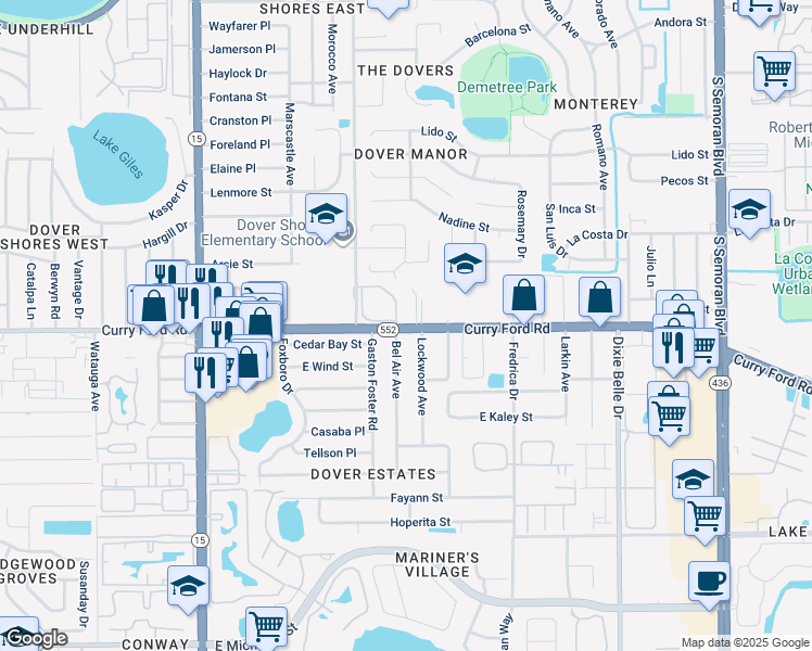 map of restaurants, bars, coffee shops, grocery stores, and more near 5101 Curry Ford Road in Orlando