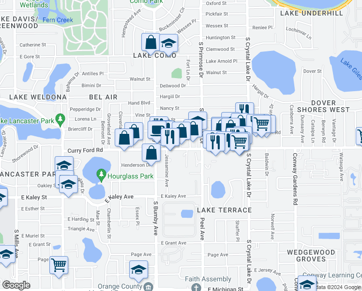 map of restaurants, bars, coffee shops, grocery stores, and more near 2601 Curry Ford Road in Orlando