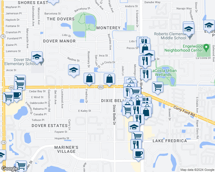 map of restaurants, bars, coffee shops, grocery stores, and more near 1610 Dixie Belle Drive in Orlando
