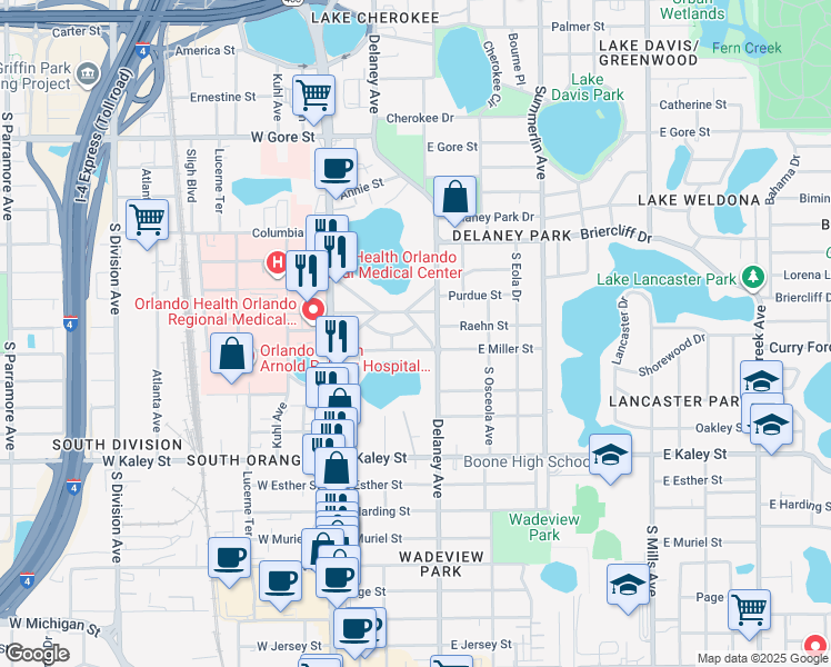 map of restaurants, bars, coffee shops, grocery stores, and more near 320 Jasmine Avenue in Orlando