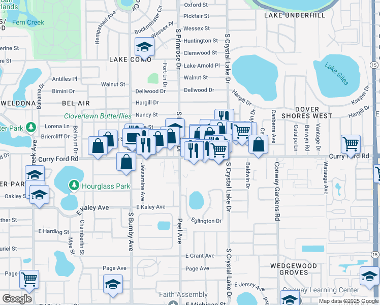 map of restaurants, bars, coffee shops, grocery stores, and more near 2811 Curry Ford Road in Orlando
