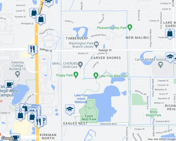 map of restaurants, bars, coffee shops, grocery stores, and more near 5298 Lanette Street in Orlando