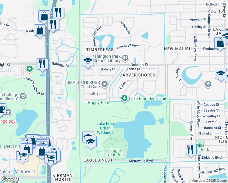 map of restaurants, bars, coffee shops, grocery stores, and more near 5298 Lanette Street in Orlando