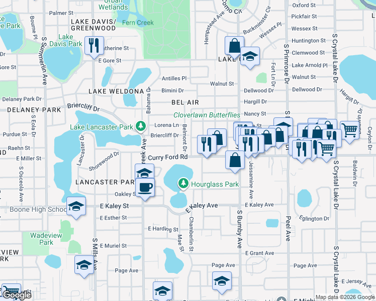 map of restaurants, bars, coffee shops, grocery stores, and more near 1904 Curry Ford Road in Orlando