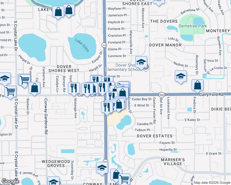map of restaurants, bars, coffee shops, grocery stores, and more near 4436 Curry Ford Road in Orlando