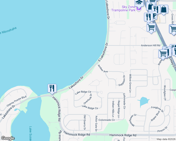 map of restaurants, bars, coffee shops, grocery stores, and more near 12140 Lakeshore Drive in Clermont