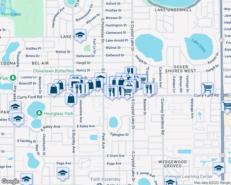 map of restaurants, bars, coffee shops, grocery stores, and more near 2811 Curry Ford Road in Orlando