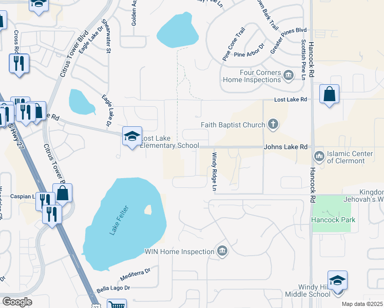 map of restaurants, bars, coffee shops, grocery stores, and more near 14324 Johns Lake Road in Clermont