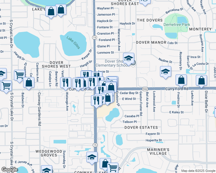 map of restaurants, bars, coffee shops, grocery stores, and more near 4544 Curry Ford Road in Orlando