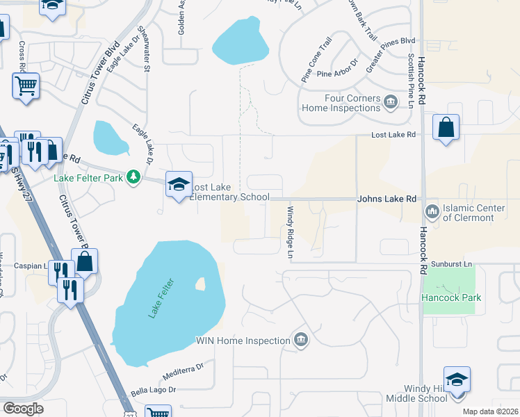 map of restaurants, bars, coffee shops, grocery stores, and more near 14324 Johns Lake Road in Clermont
