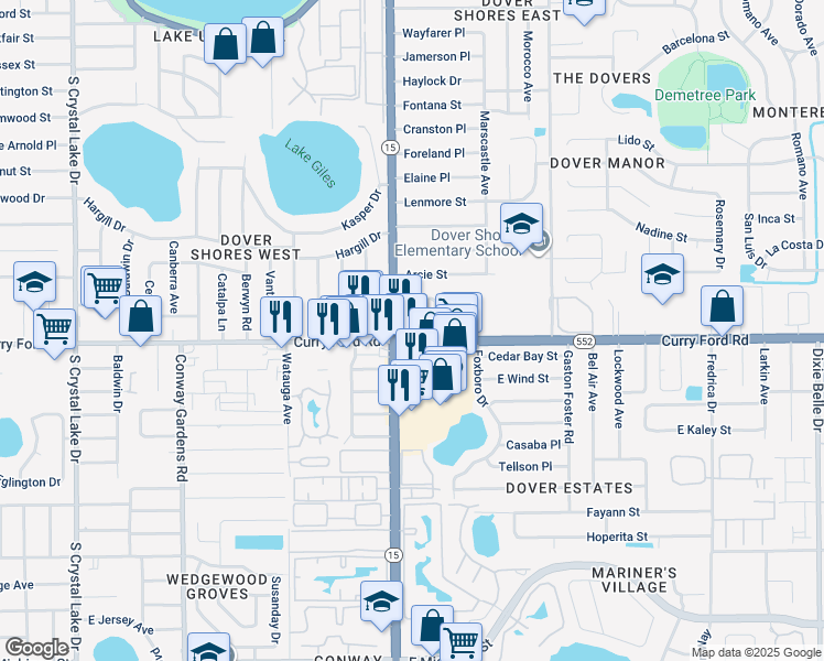 map of restaurants, bars, coffee shops, grocery stores, and more near 4436 Curry Ford Road in Orlando