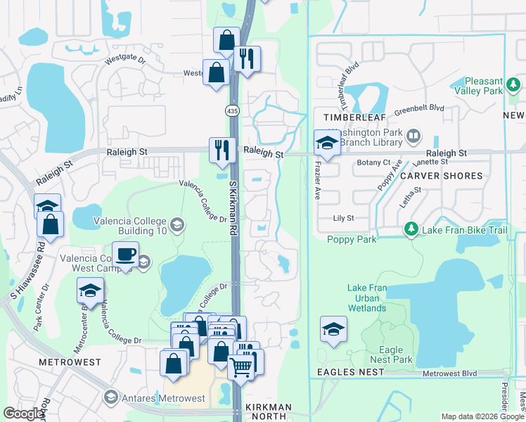 map of restaurants, bars, coffee shops, grocery stores, and more near 1401 South Kirkman Road in Orlando