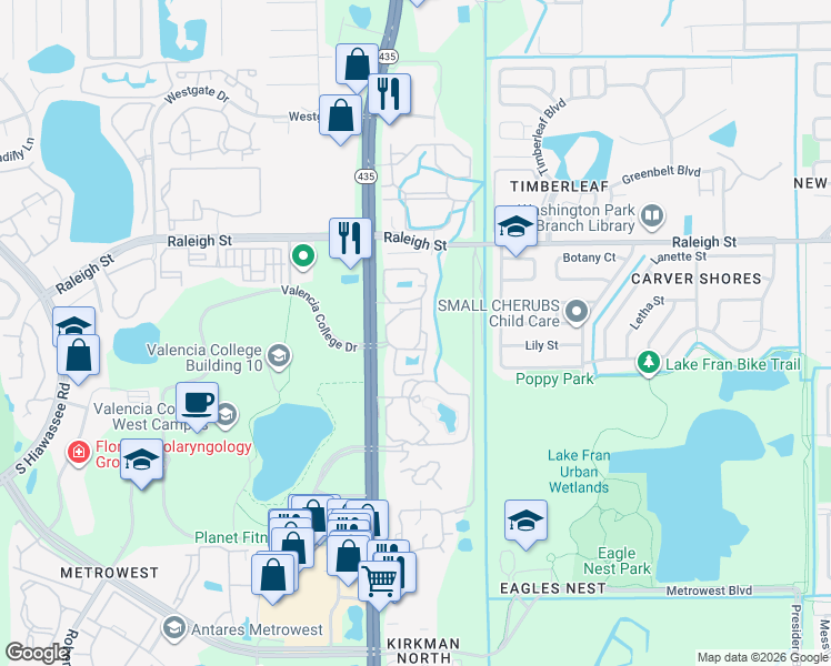map of restaurants, bars, coffee shops, grocery stores, and more near 1401 South Kirkman Road in Orlando