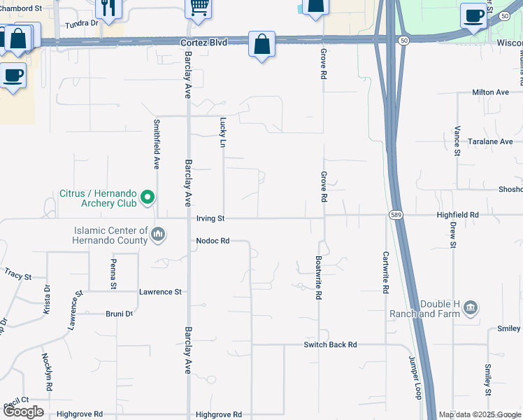 map of restaurants, bars, coffee shops, grocery stores, and more near 14373 Irving Street in Brooksville
