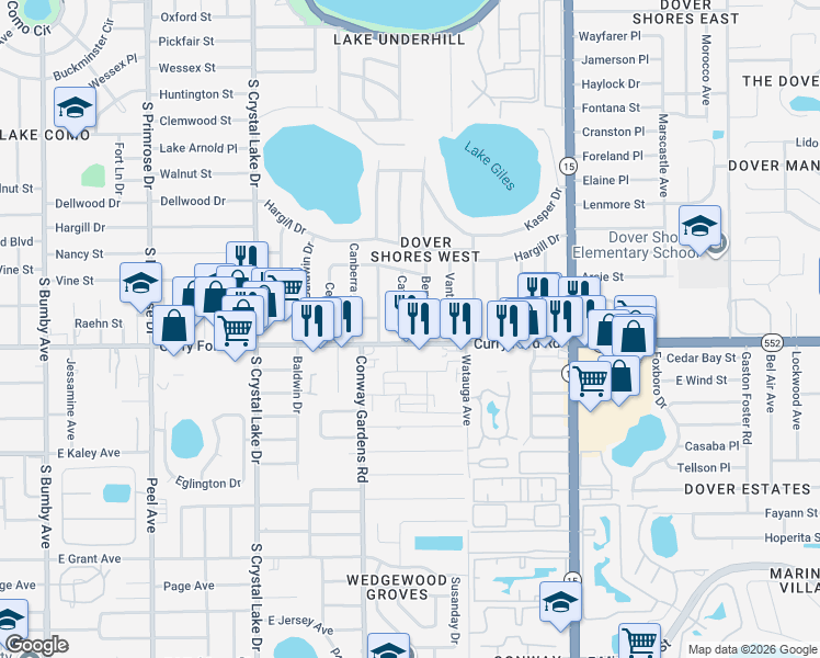 map of restaurants, bars, coffee shops, grocery stores, and more near in Orlando