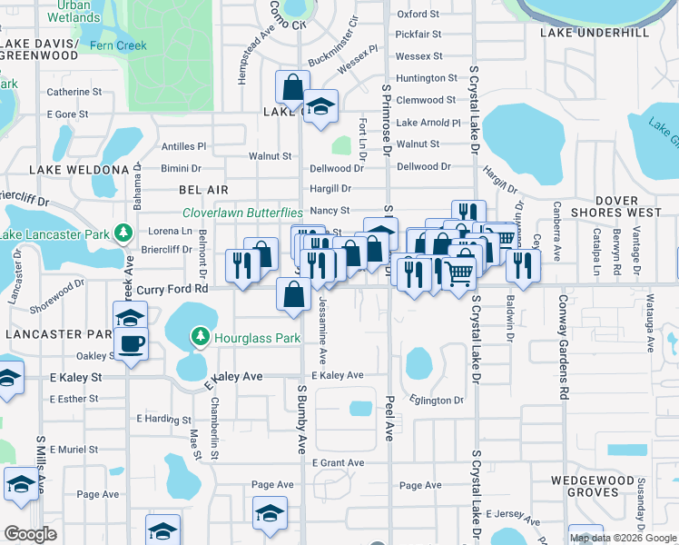 map of restaurants, bars, coffee shops, grocery stores, and more near 2603 Curry Ford Road in Orlando