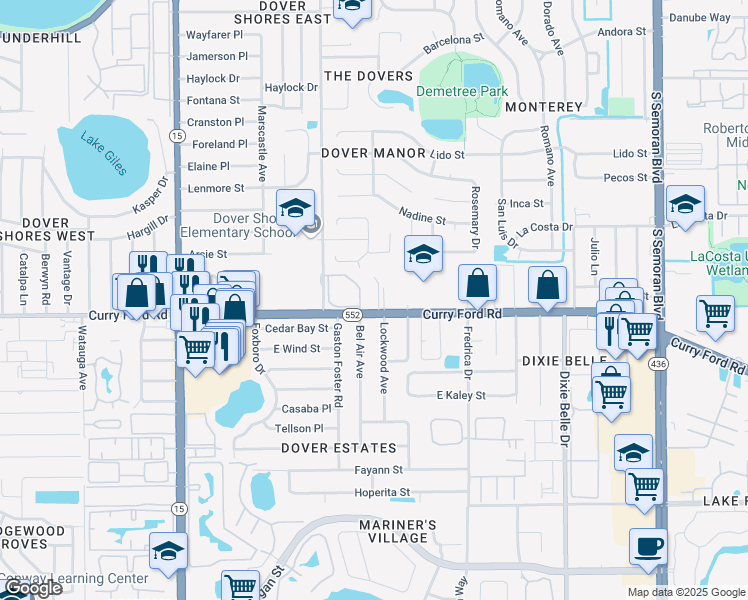 map of restaurants, bars, coffee shops, grocery stores, and more near 5101 Curry Ford Road in Orlando