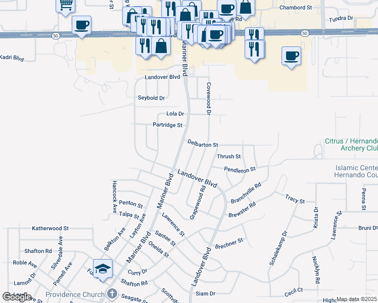 map of restaurants, bars, coffee shops, grocery stores, and more near 13141 Hanley Drive in Spring Hill